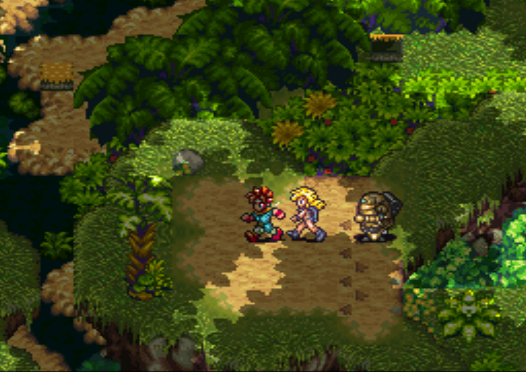 Crono, Ayla and Robo walking through the prehistoric jungle