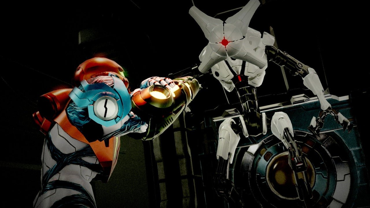 Samus charging the Omega Cannon point-blank at an EMMI